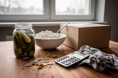 Kuchenny stół z kalkulatorem, słoikiem ogórków i miską mąki, symbol różnicy między brutto a netto