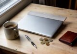 Zamknięty laptop, kubek kawy i portfel na kuchennym stole przy oknie