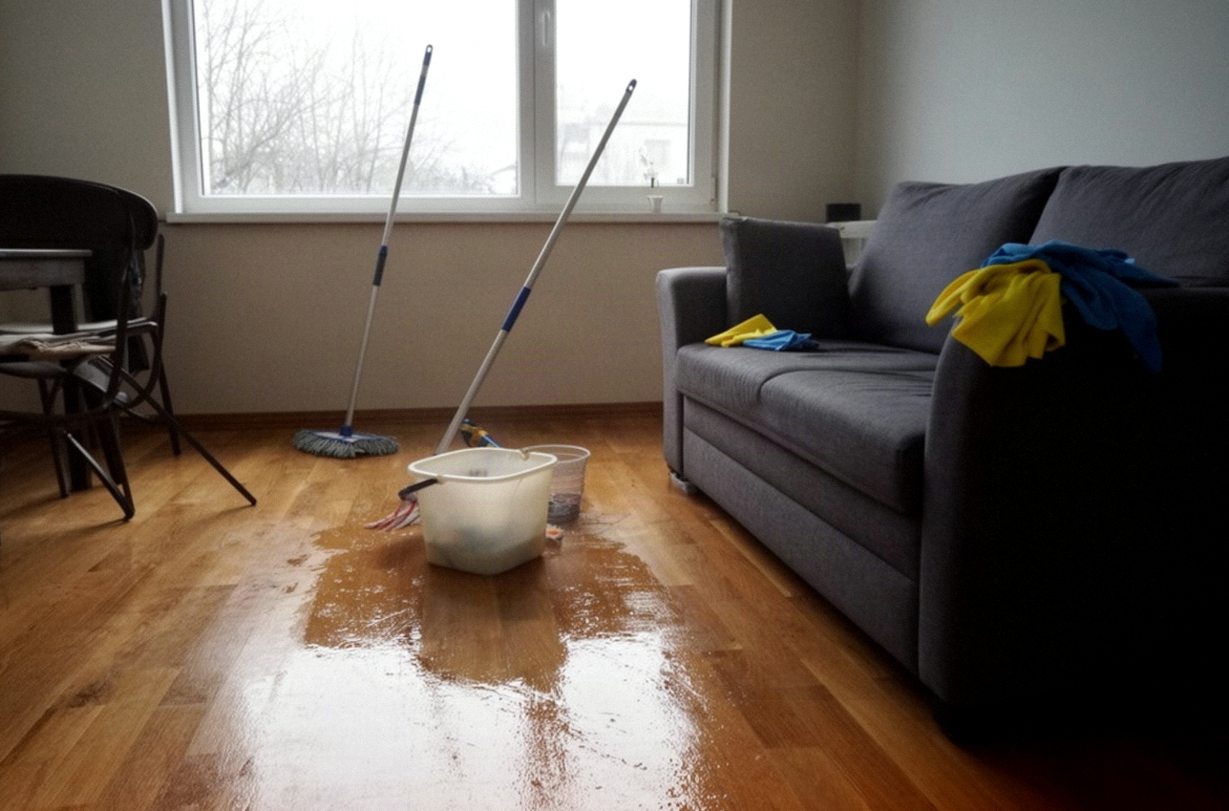 Salon domu jednorodzinnego w trakcie mycia podłogi, wiadro i mop