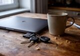 Kluczyki od auta na drewnianym stole obok zamkniętego laptopa i kubka