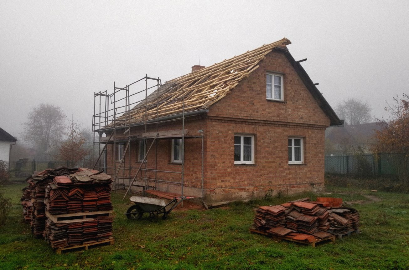 Stary ceglany dom w remoncie, rusztowanie przy elewacji i odsłonięta więźba dachowa